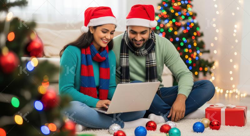 Young couple joyfully celebrating Christmas, browsing internet on laptop.