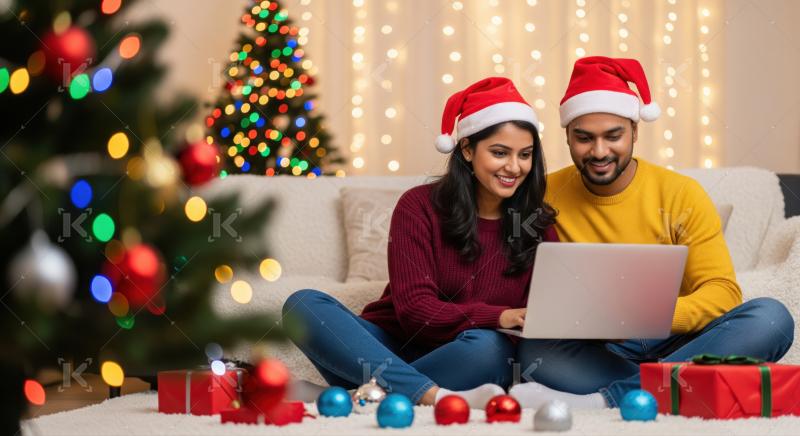 Joyful Indian couple celebrates holidays, browsing laptop, wearing Santa hats.