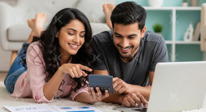 Happy young couple managing their home finances with a laptop.