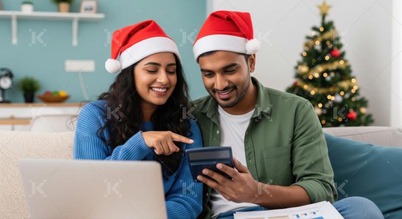 Young Indian couple joyfully plans holiday finances together at home.