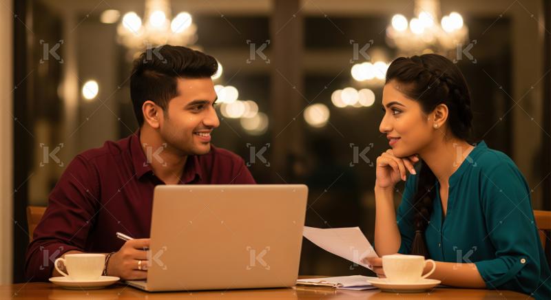Happy Indian couple reviewing documents and planning their future.