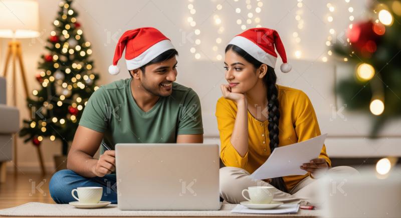 Happy Indian couple plans festive season expenses at home.