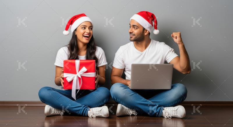 Young Indian couple celebrating Christmas with a gift and laptop.