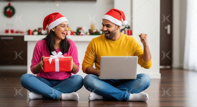 Joyful couple celebrating Christmas, online shopping, receiving gifts together eagerly.