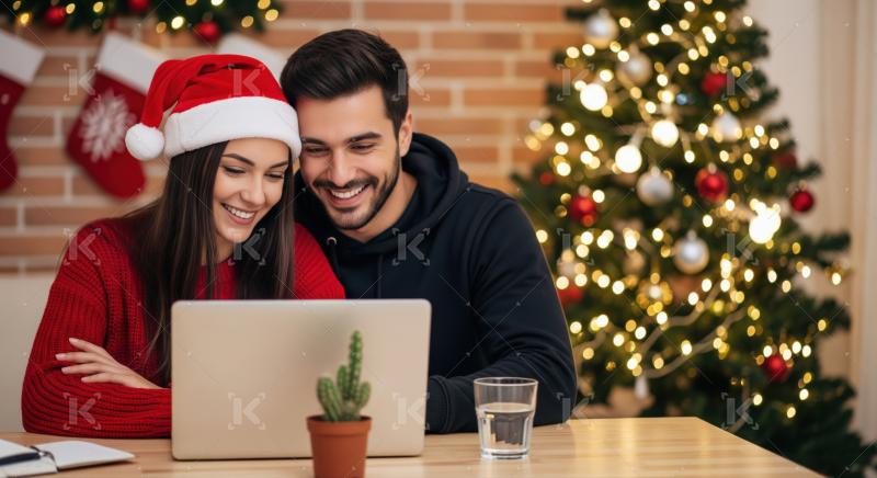 Happy young couple enjoys holiday season using modern laptop.
