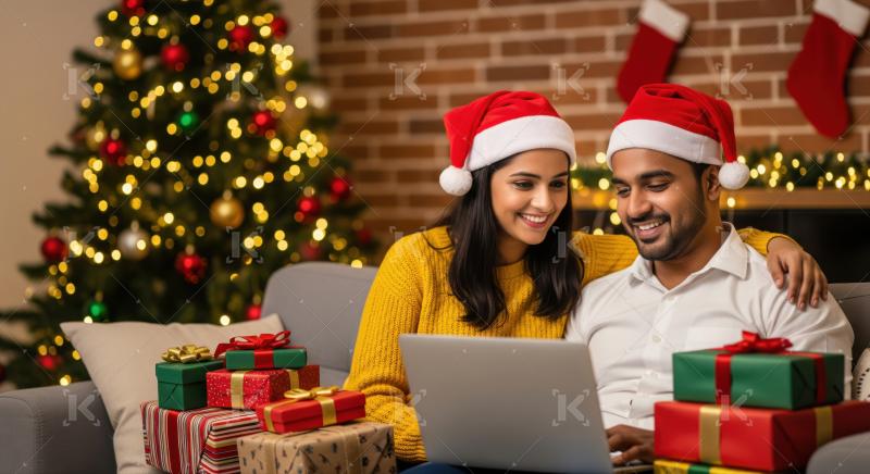 Young Indian couple enjoys Christmas, online shopping together on couch.
