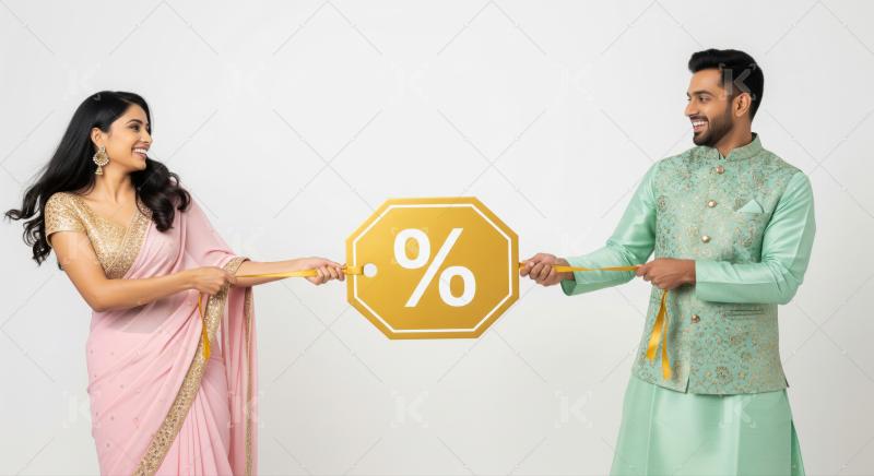 Happy Indian couple pulls percentage sign for great offers.