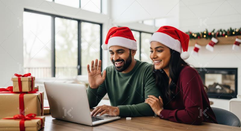 A happy couple wearing Santa hats sitting at a table with waving while video calling on a laptop