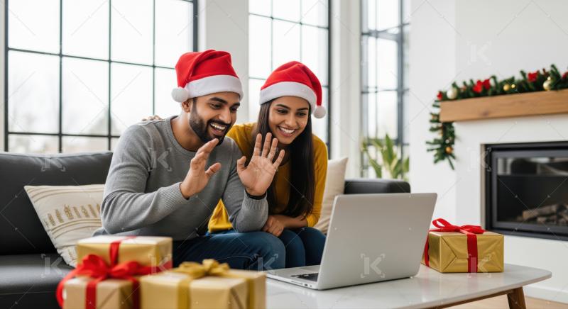 Joyful couple celebrating virtual Christmas with a festive video call.