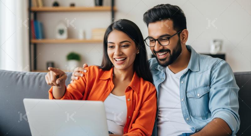 Young couple joyfully exploring online content on their modern laptop.