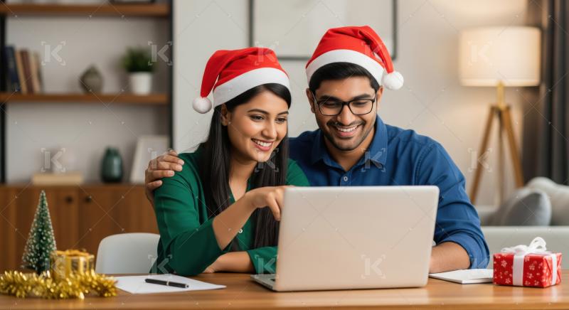 Happy Indian couple smiling, enjoying festive season activities online together.