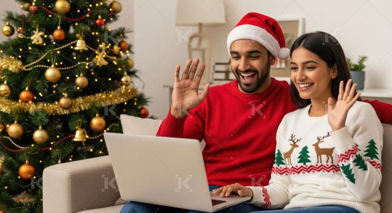 Cheerful couple connects remotely, celebrating festive Christmas holidays at home.