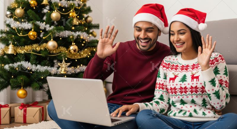 Joyful couple enjoys virtual Christmas celebration, connecting online remotely.