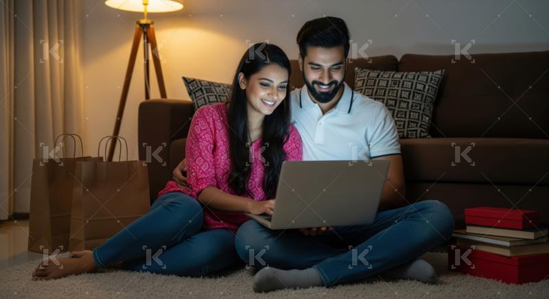 Young couple happily browsing content on laptop at their cozy home.