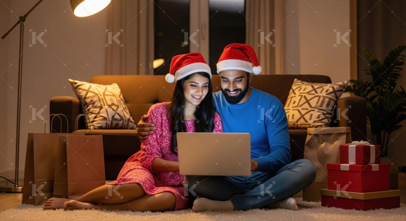 Joyful couple enjoys online holiday shopping with laptop at home.