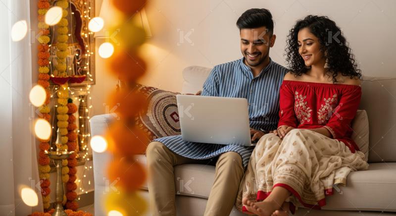 Young couple happily using laptop during festive Indian celebration at home.