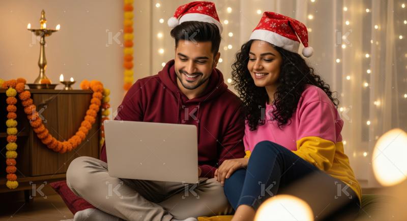 Happy Indian couple enjoys festive season using a laptop.