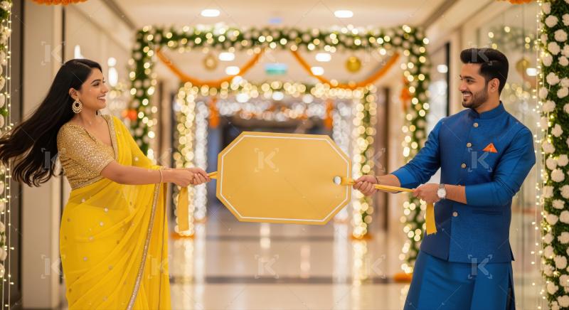 A joyful Indian couple in traditional attire holding a decorative blank sign together in a beautifully lit festive hallway.