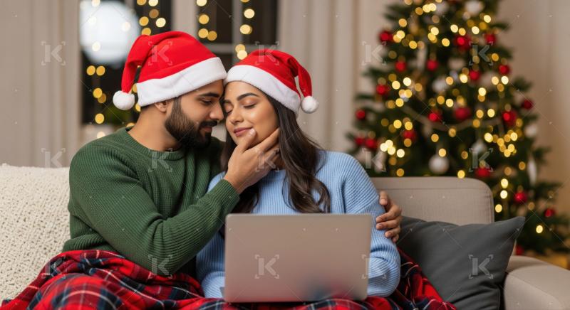 Happy couple celebrates festive holidays relaxing together at home.