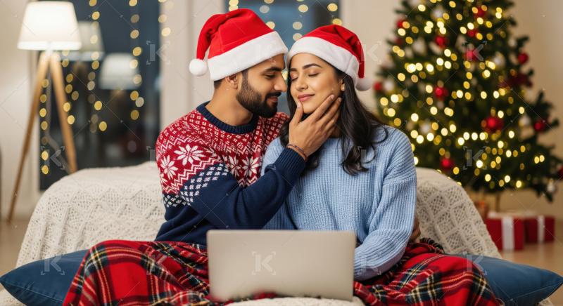 Loving couple celebrates Christmas in cozy festive home environment.