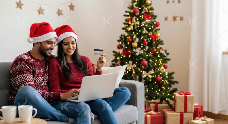 Smiling couple uses laptop, credit card for festive online shopping.