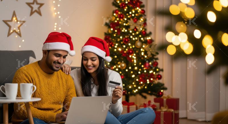 Happy couple joyfully shopping online for Christmas gifts at home.