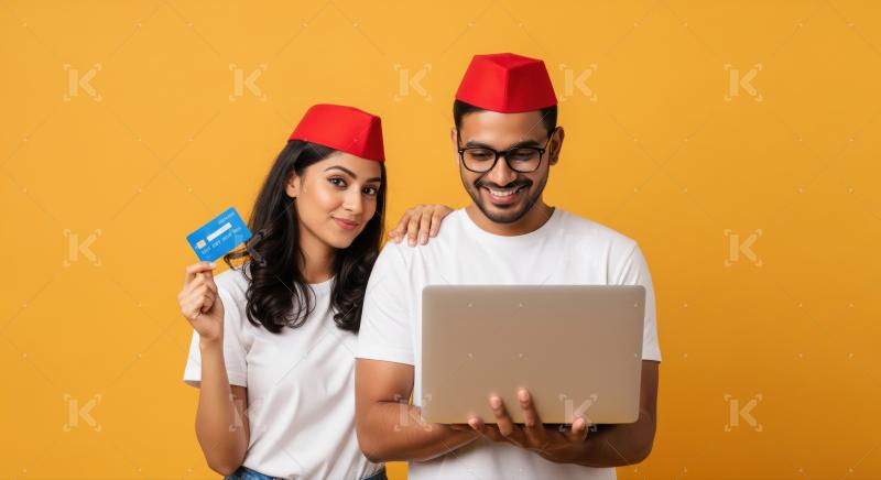Cheerful Indian couple shops online with laptop and credit card.
