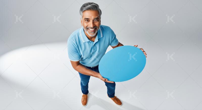 Smiling man holds blank blue oval sign happily.