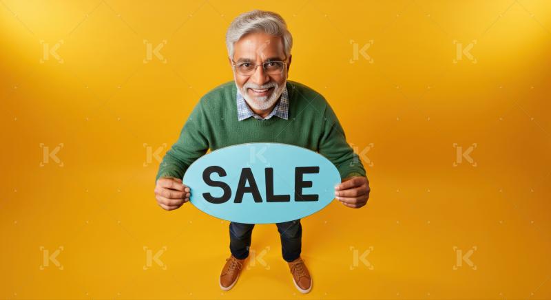 Cheerful senior man holds "SALE" sign, excited for discounts.
