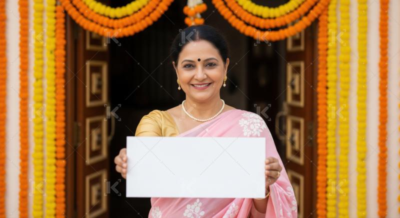Happy Indian woman holds blank white sign in festive decor.