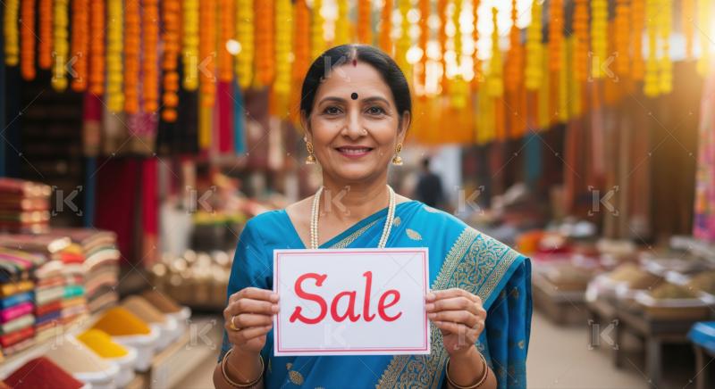 Cheerful Indian woman holds 'Sale' sign in vibrant market.