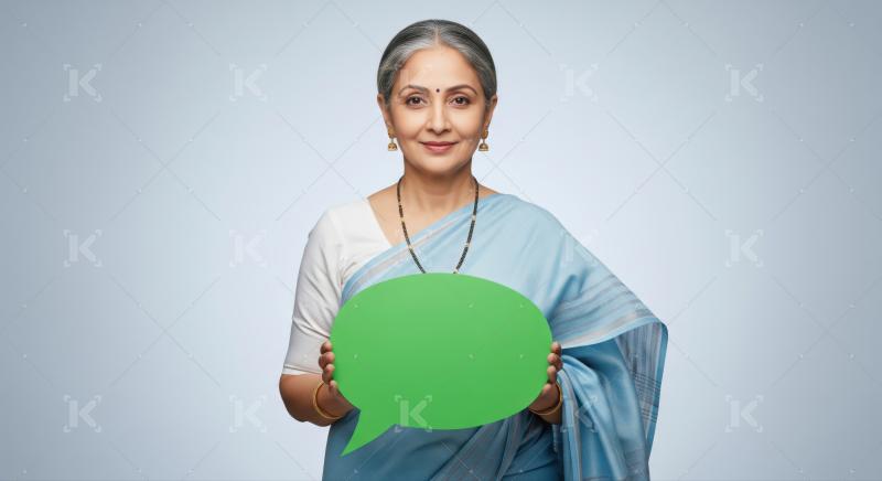 Mature Indian woman holds blank green speech bubble confidently.