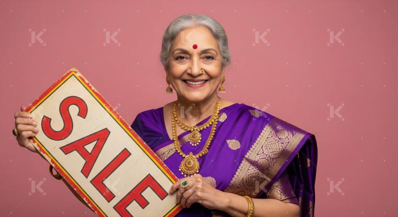 Cheerful senior Indian woman holding a sale sign happily.