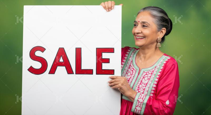 Cheerful Indian woman proudly shows a bold 'SALE' sign.