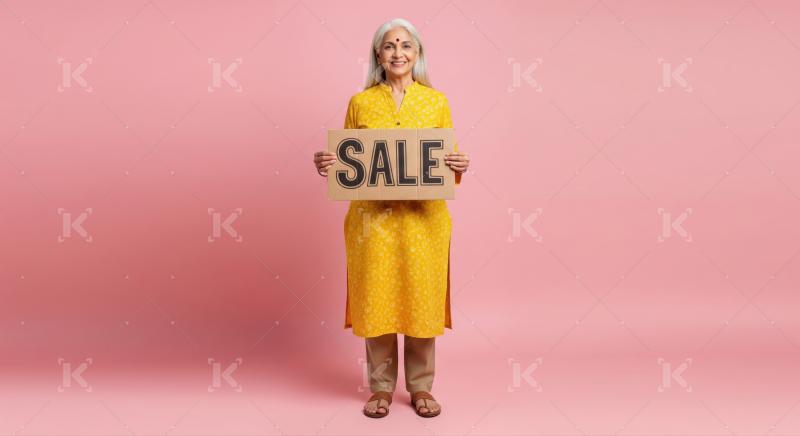 Cheerful Indian woman shows "SALE" sign, standing against pink wall.