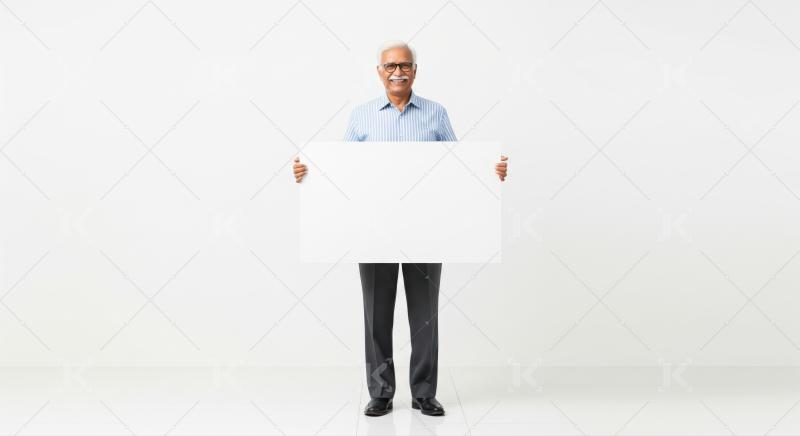 Cheerful senior man proudly displays a blank white signboard.