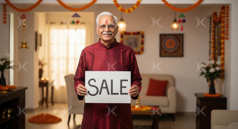 Happy elderly man shows "SALE" sign in festive Indian home.