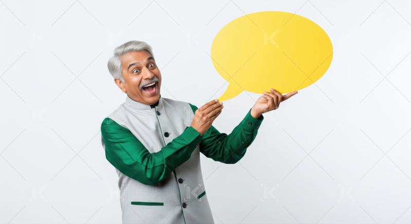 Excited Indian senior man holding a blank yellow speech bubble.
