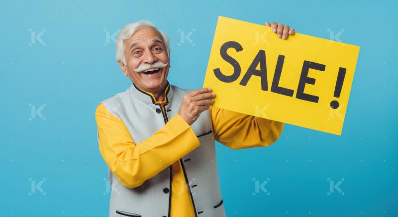 Happy senior man holding bright sale sign, smiling widely.