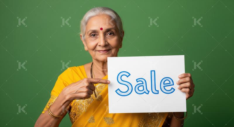 Happy elderly Indian woman promotes sale with a joyful smile.