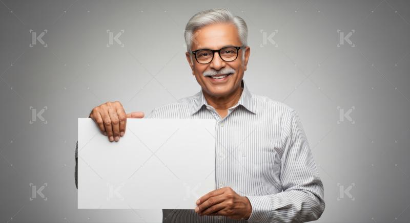 Cheerful senior Indian man holding blank white sign proudly.