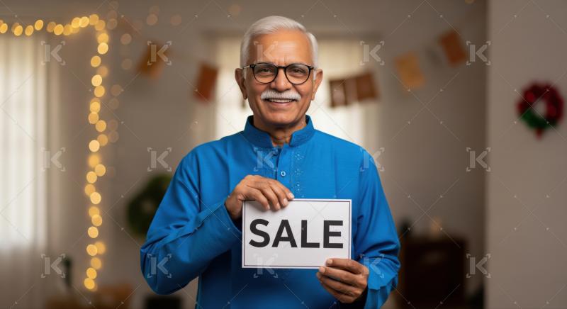 Joyful elderly Indian man promoting discounts during holiday season celebrations.