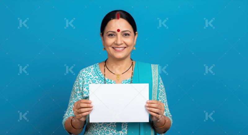 Happy Indian woman holding empty white sign, smiling confidently.