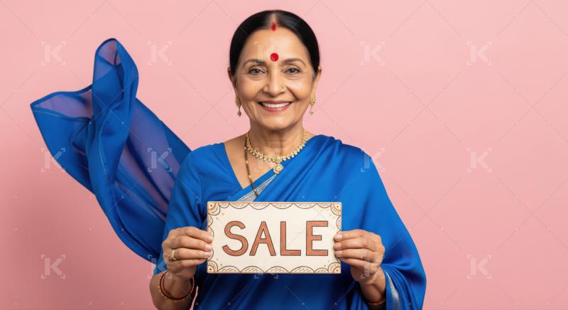 Cheerful Indian woman in blue saree holding a sale sign.