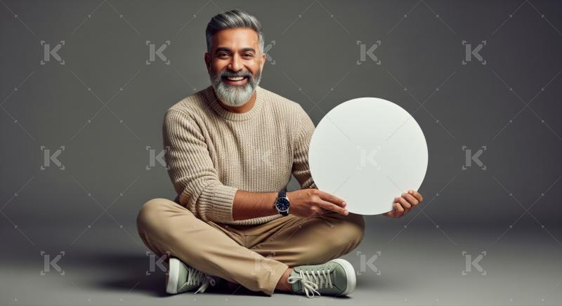 Cheerful man holds a blank white circle, smiling brightly.
