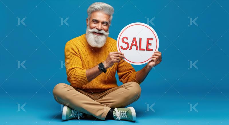 Cheerful senior man holding 'SALE' sign, promoting discounts.