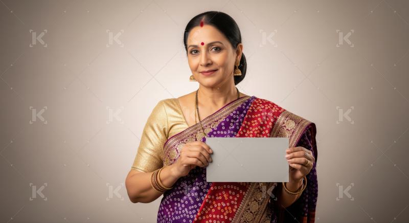 Elegant Indian woman in saree confidently displays a blank sign.
