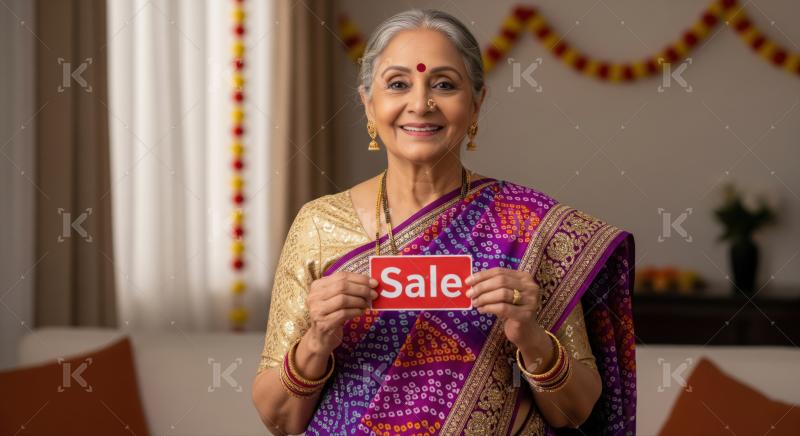 Happy senior Indian woman promotes sale with enthusiastic expression indoors.