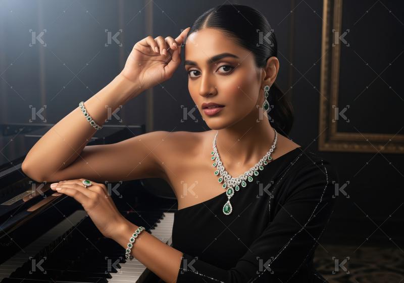 Elegant Woman in Exquisite Emerald and Diamond Jewelry at Piano