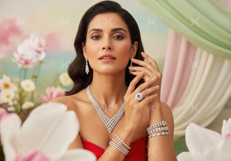 Stunning Woman Adorned with Luxurious Diamonds and Sapphire Ring
